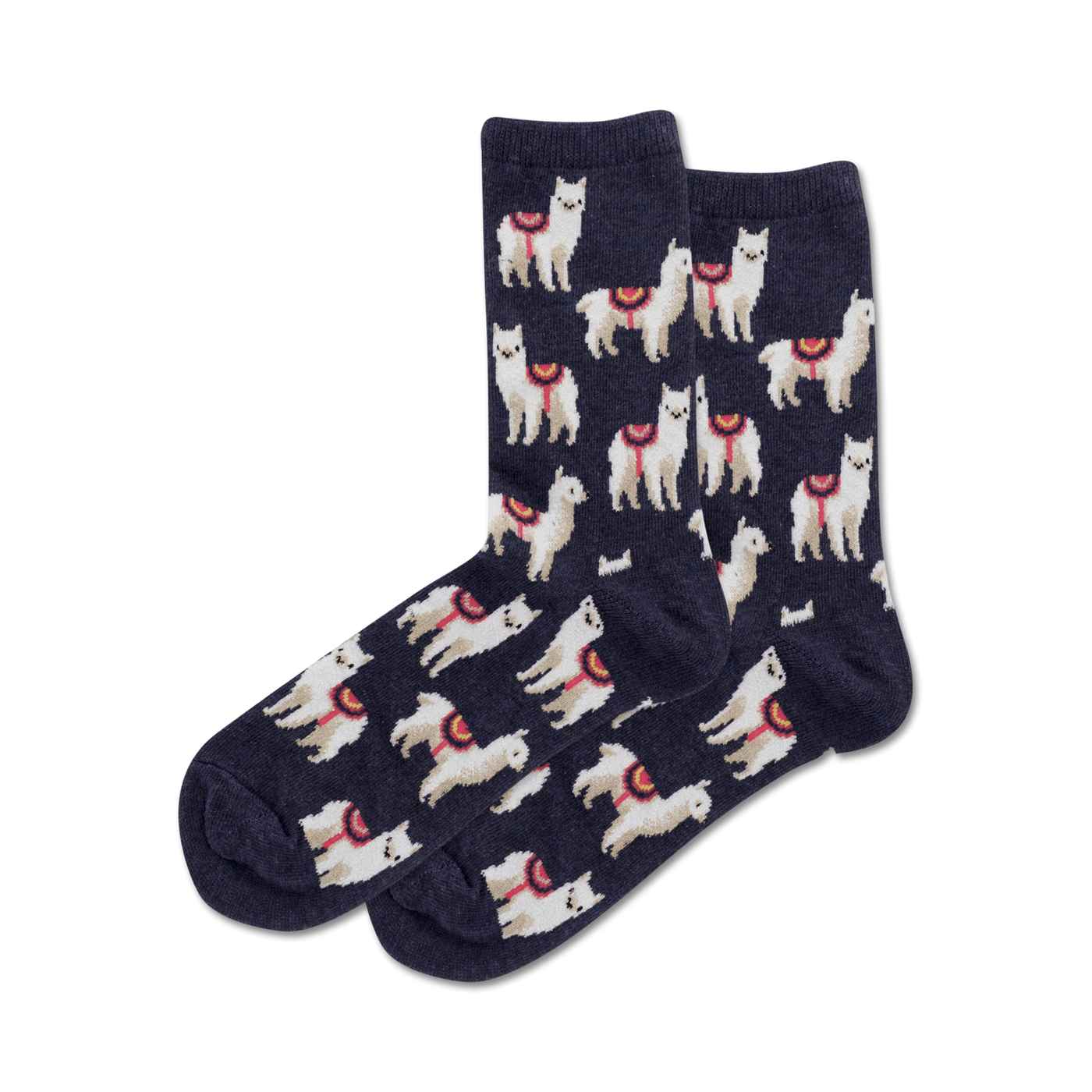 Pair of crew socks, navy blue with a pattern of white llamas wearing colorful saddles.