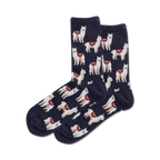 Pair of crew socks, navy blue with a pattern of white llamas wearing colorful saddles.