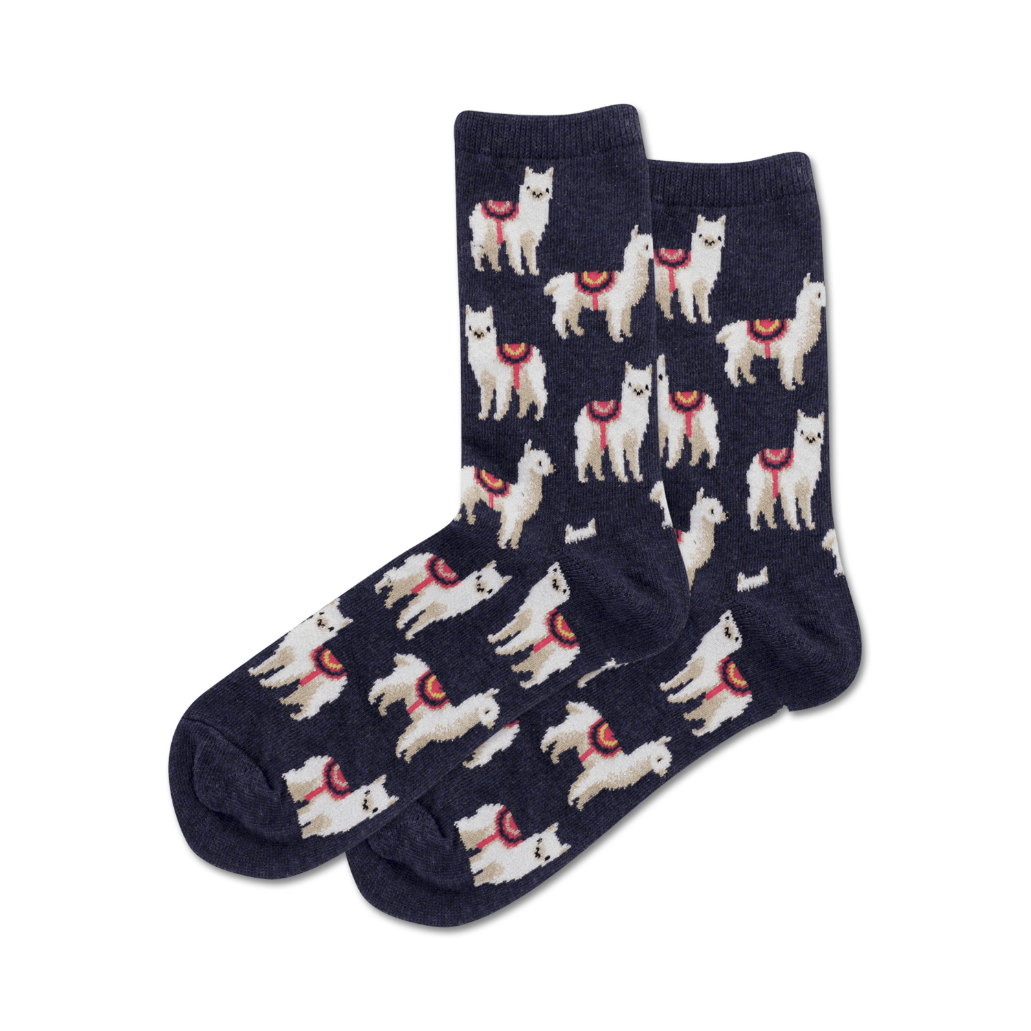 Pair of crew socks, navy blue with a pattern of white llamas wearing colorful saddles.