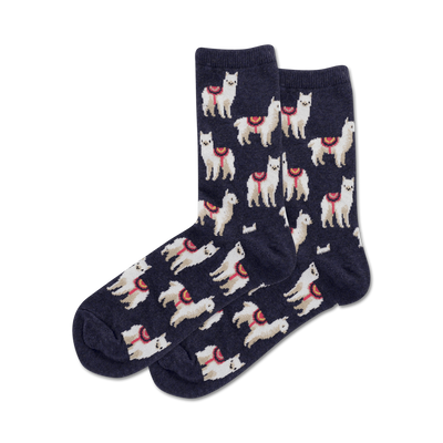 dark blue women's crew socks with white llamas and red and light blue details.  