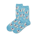 Close-up of light blue crew socks with a repeating pattern of white llamas. 