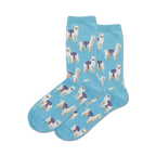 Close-up of light blue crew socks with a repeating pattern of white llamas. 