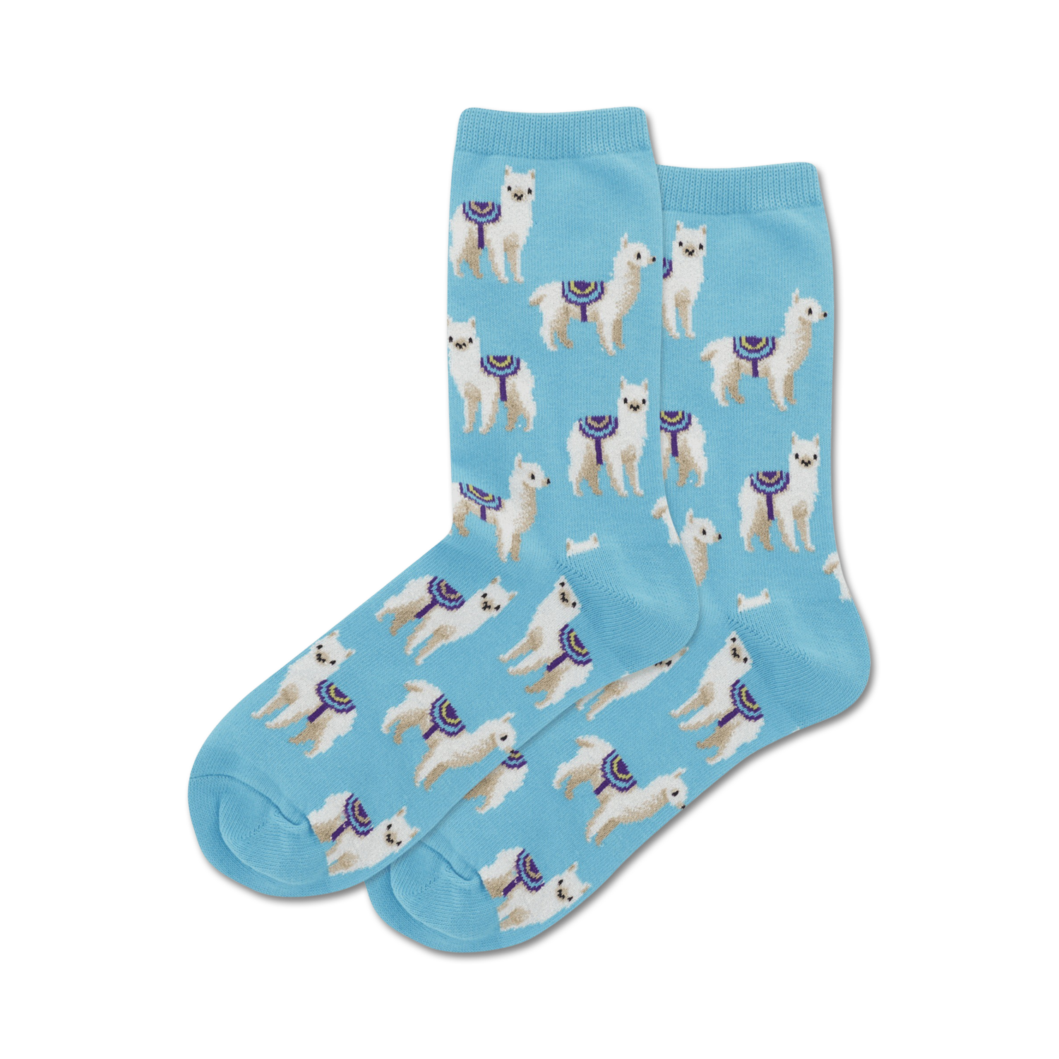 Close-up of light blue crew socks with a repeating pattern of white llamas. 