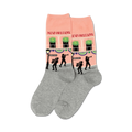 Pair of crew socks. Peach-pink with grey cuffs, they feature a repeating design of a New Orleans street scene with jazz musicians and palm trees.