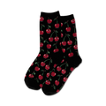 Pair of black crew socks with a repeating pattern of red cherries.  Fun, fruity design!