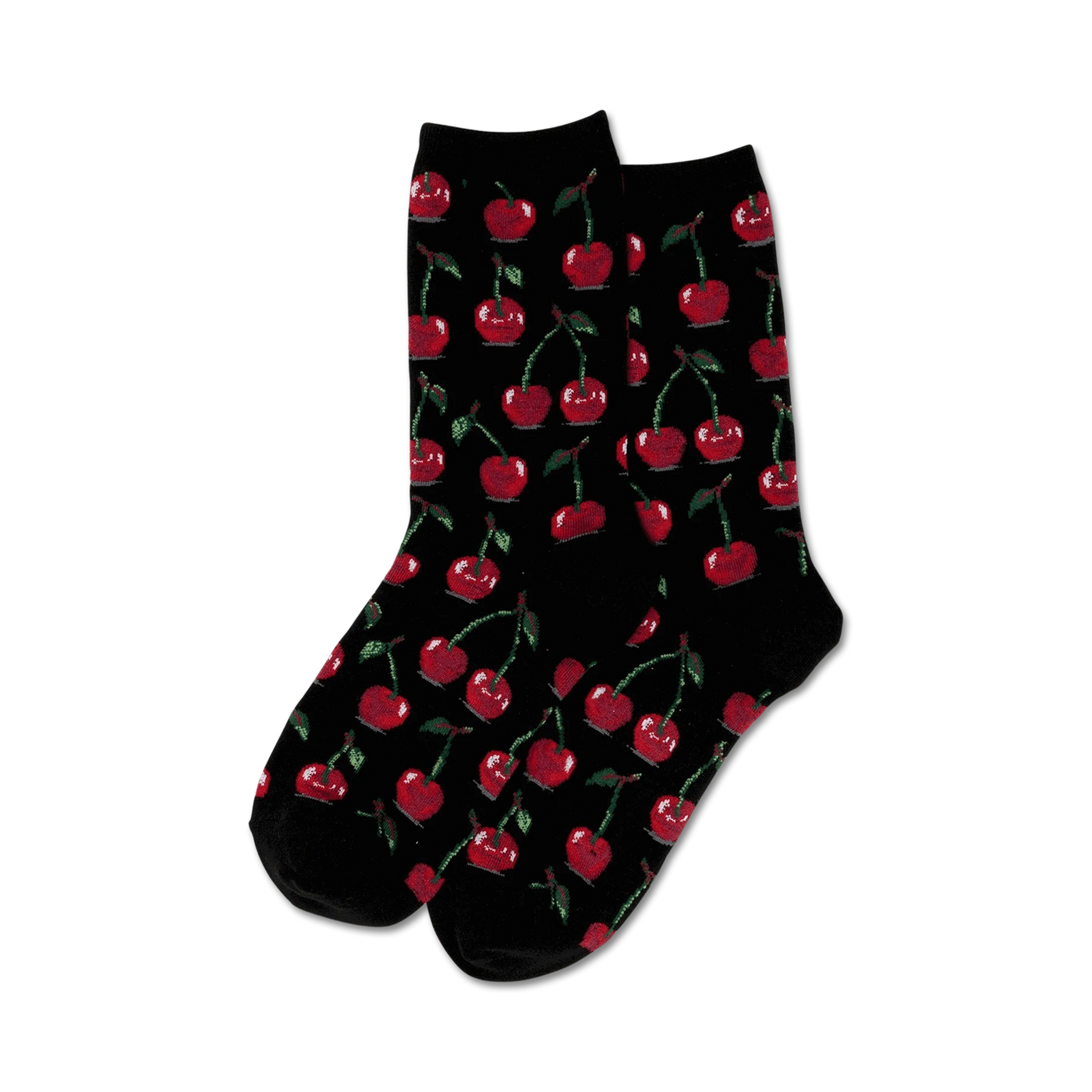 Pair of black crew socks with a repeating pattern of red cherries.  Fun, fruity design!
