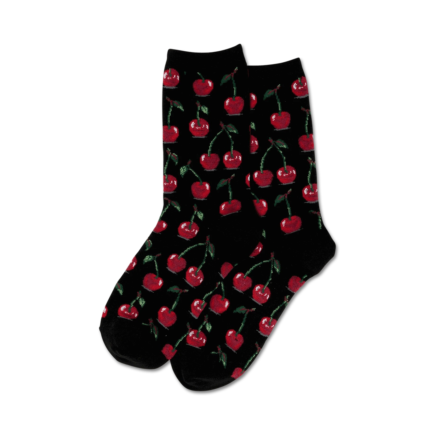 Pair of black crew socks with a repeating pattern of red cherries.  Fun, fruity design!