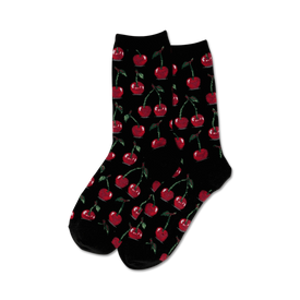 black crew socks with red cherry pattern for women.  