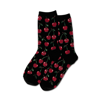 black crew socks with red cherry pattern for women.  