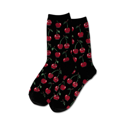 black crew socks with red cherry pattern for women.  