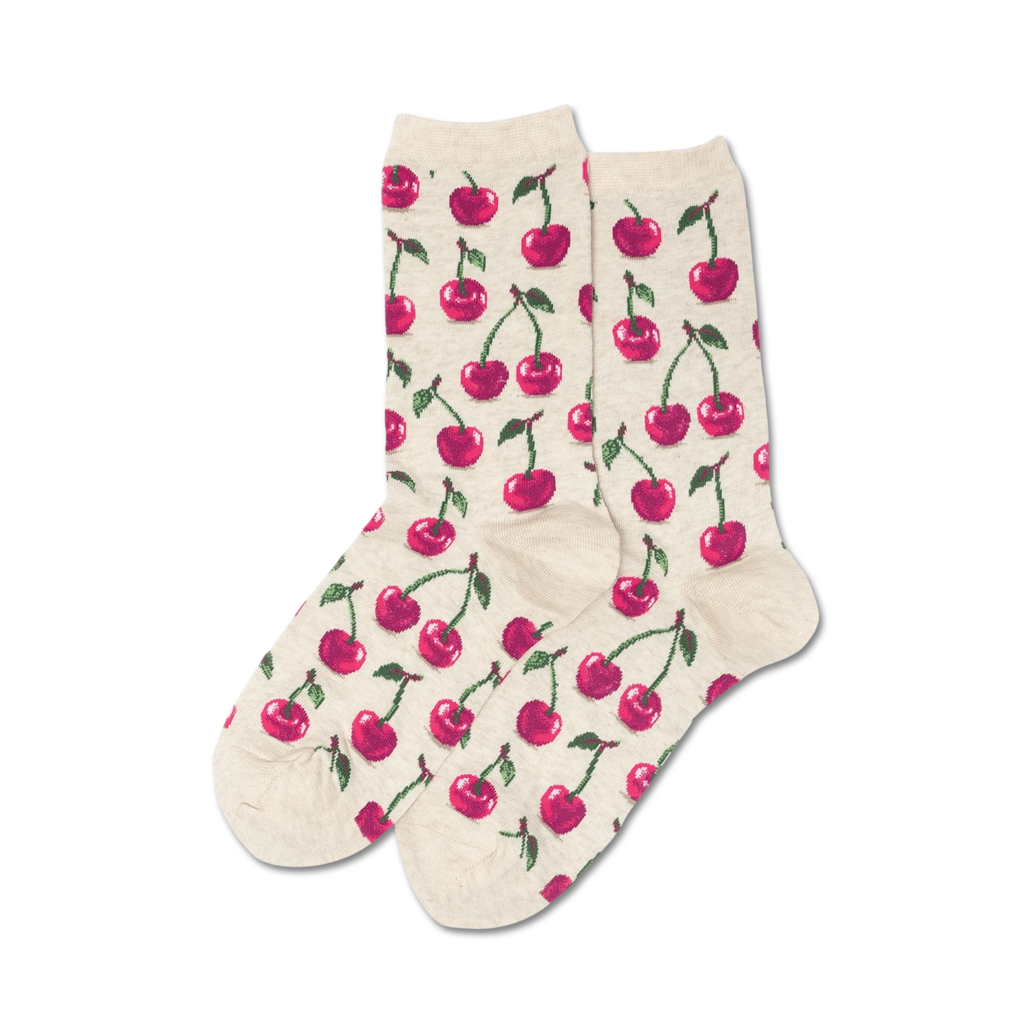 Lifestyle flatlay image showing a pair of beige crew socks with a red cherry pattern.
