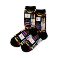 Pair of black crew socks featuring colorful art supplies like pencils, paints, scissors, and paper clips.  A whimsical butterfly accent adds to the fun design.