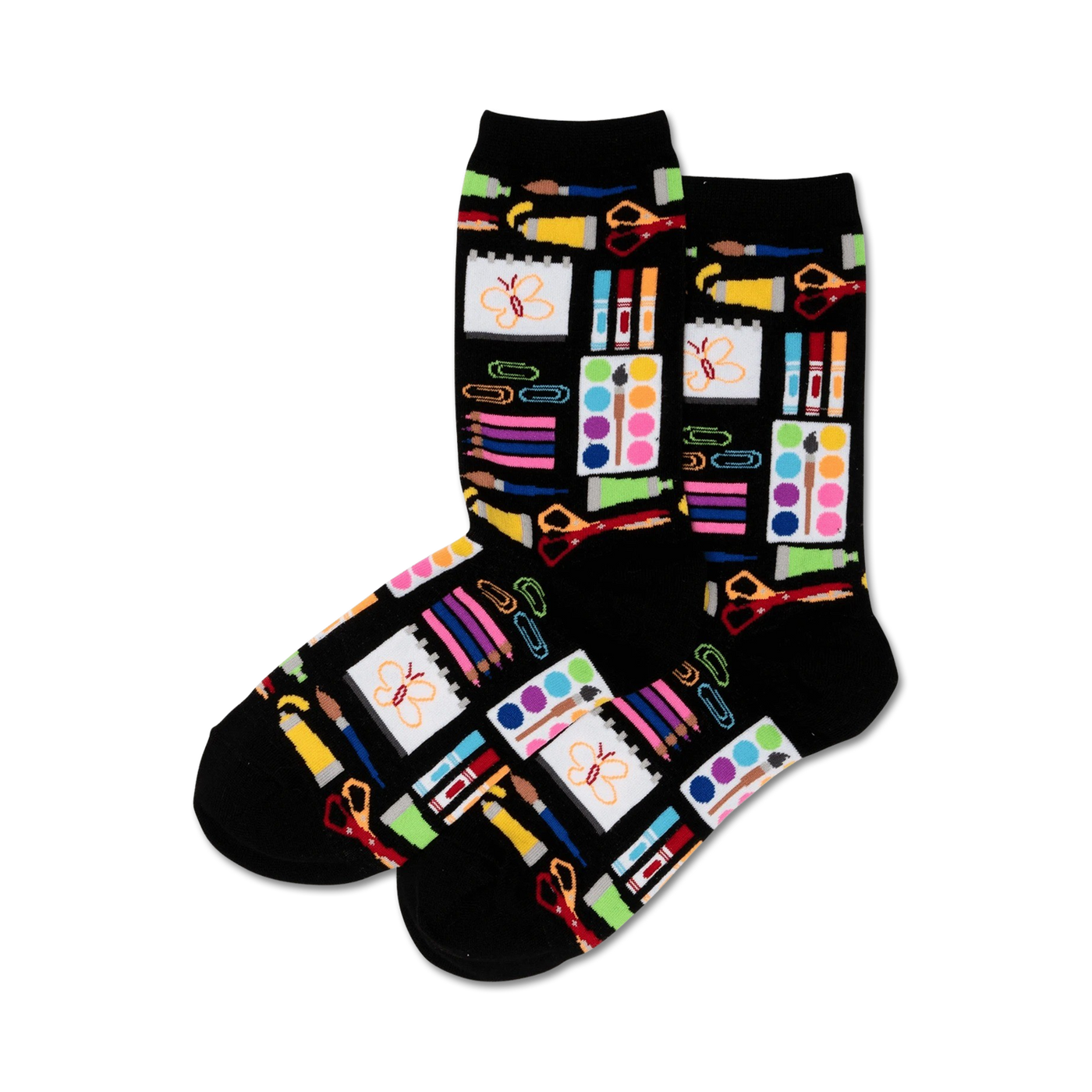 Pair of black crew socks featuring colorful art supplies like pencils, paints, scissors, and paper clips.  A whimsical butterfly accent adds to the fun design.