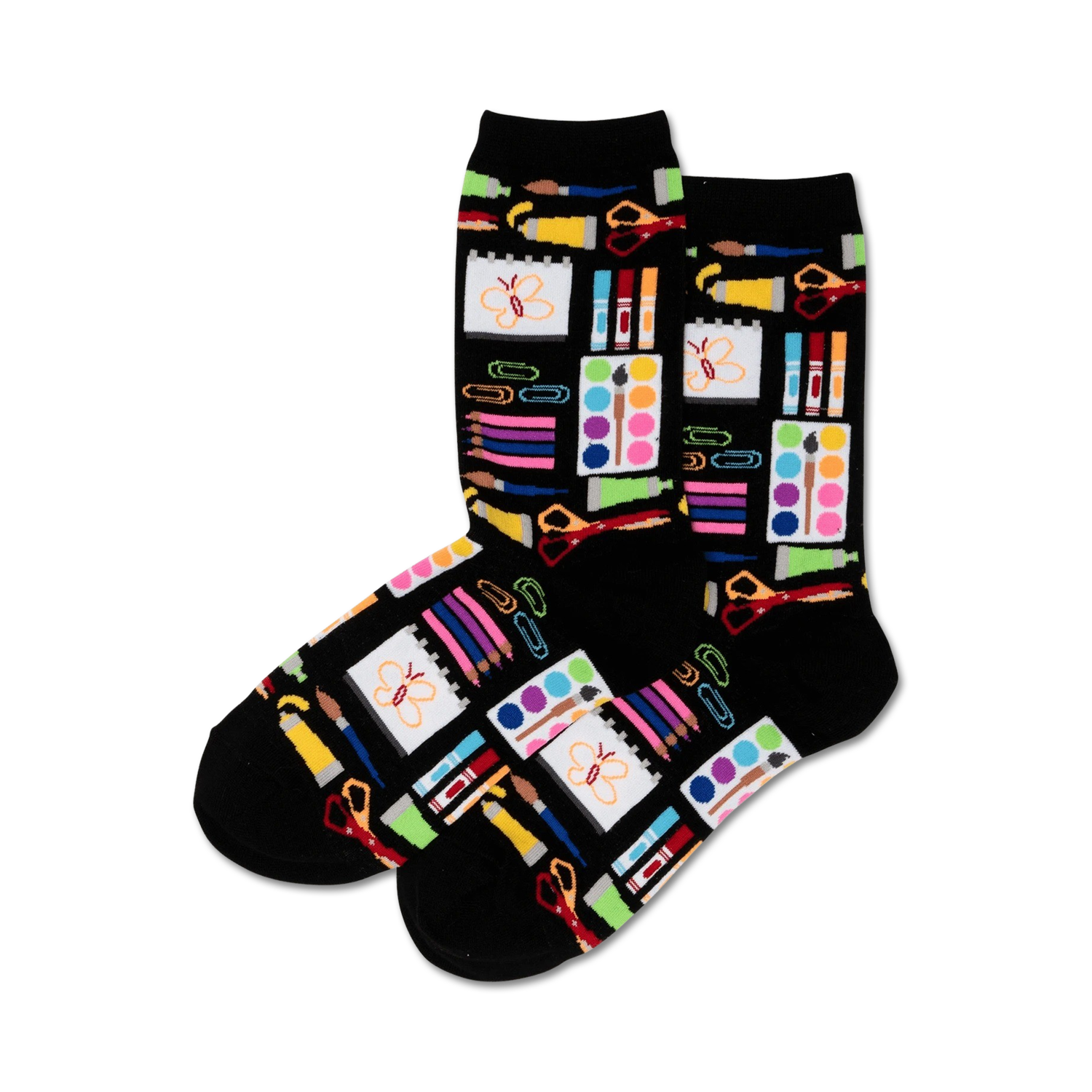 Pair of black crew socks featuring colorful art supplies like pencils, paints, scissors, and paper clips.  A whimsical butterfly accent adds to the fun design.