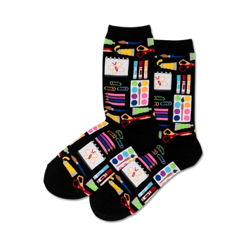 black art supplies crew socks for women with colorful art supplies pattern  