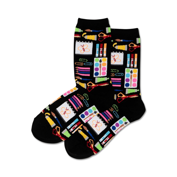 black art supplies crew socks for women with colorful art supplies pattern   }}