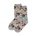 Pair of grey crew socks with colorful sewing-themed patterns: sewing machines, buttons, scissors, thread spools, and more.