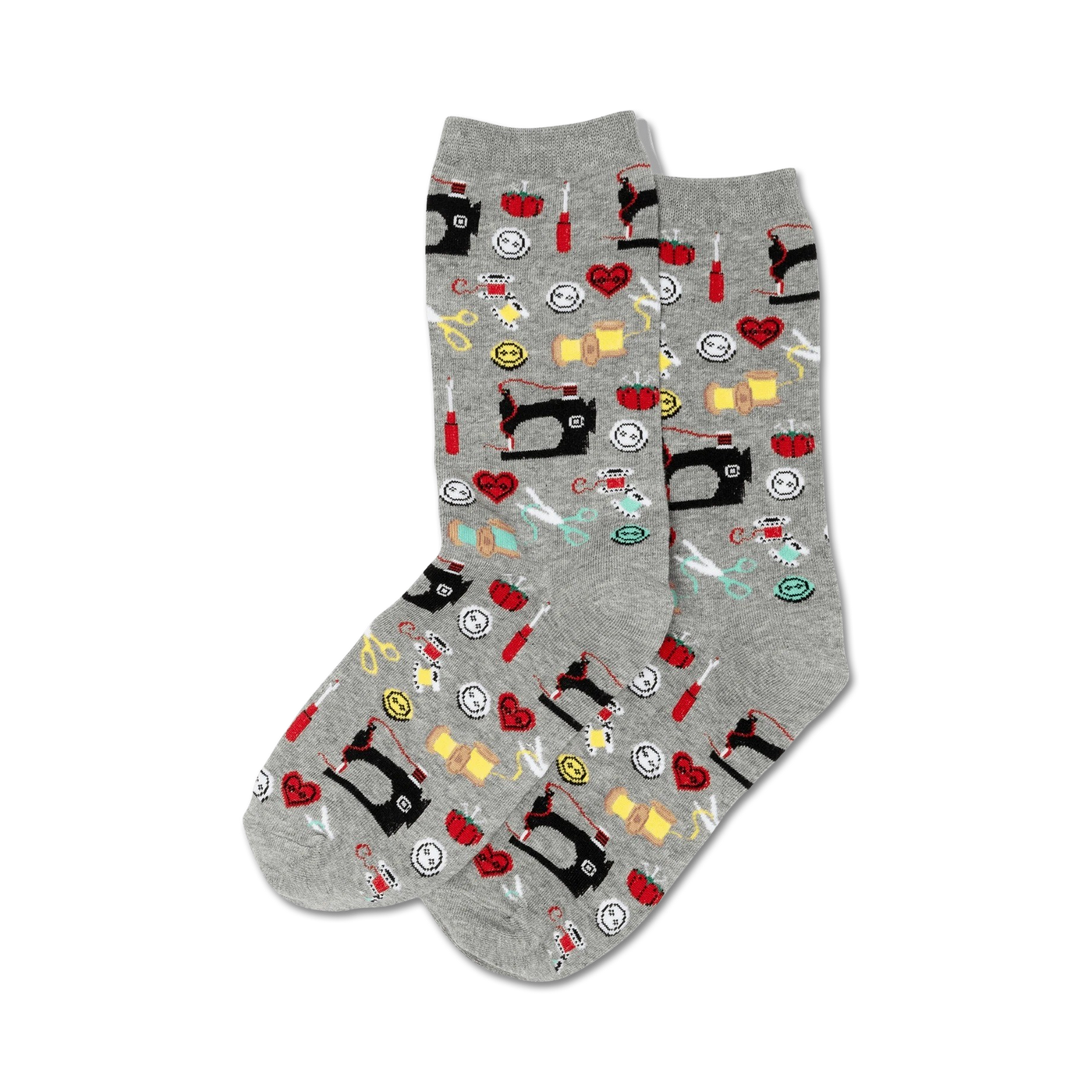 Pair of grey crew socks with colorful sewing-themed patterns: sewing machines, buttons, scissors, thread spools, and more.