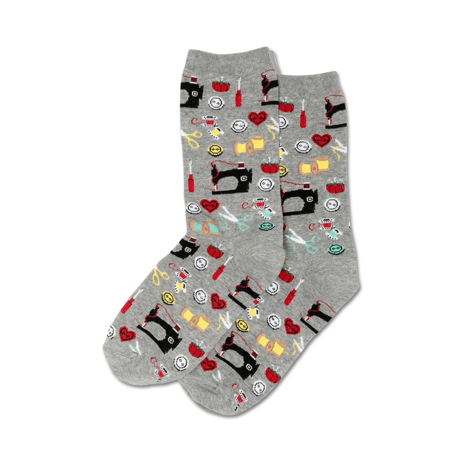 Pair of grey crew socks with colorful sewing-themed patterns: sewing machines, buttons, scissors, thread spools, and more.
