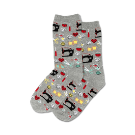 gray crew socks with a pattern of scissors, thread, buttons, and sewing machines.   