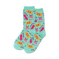 Pair of mint green crew socks featuring a repeating pattern of pink and orange yarn balls and knitting needles.