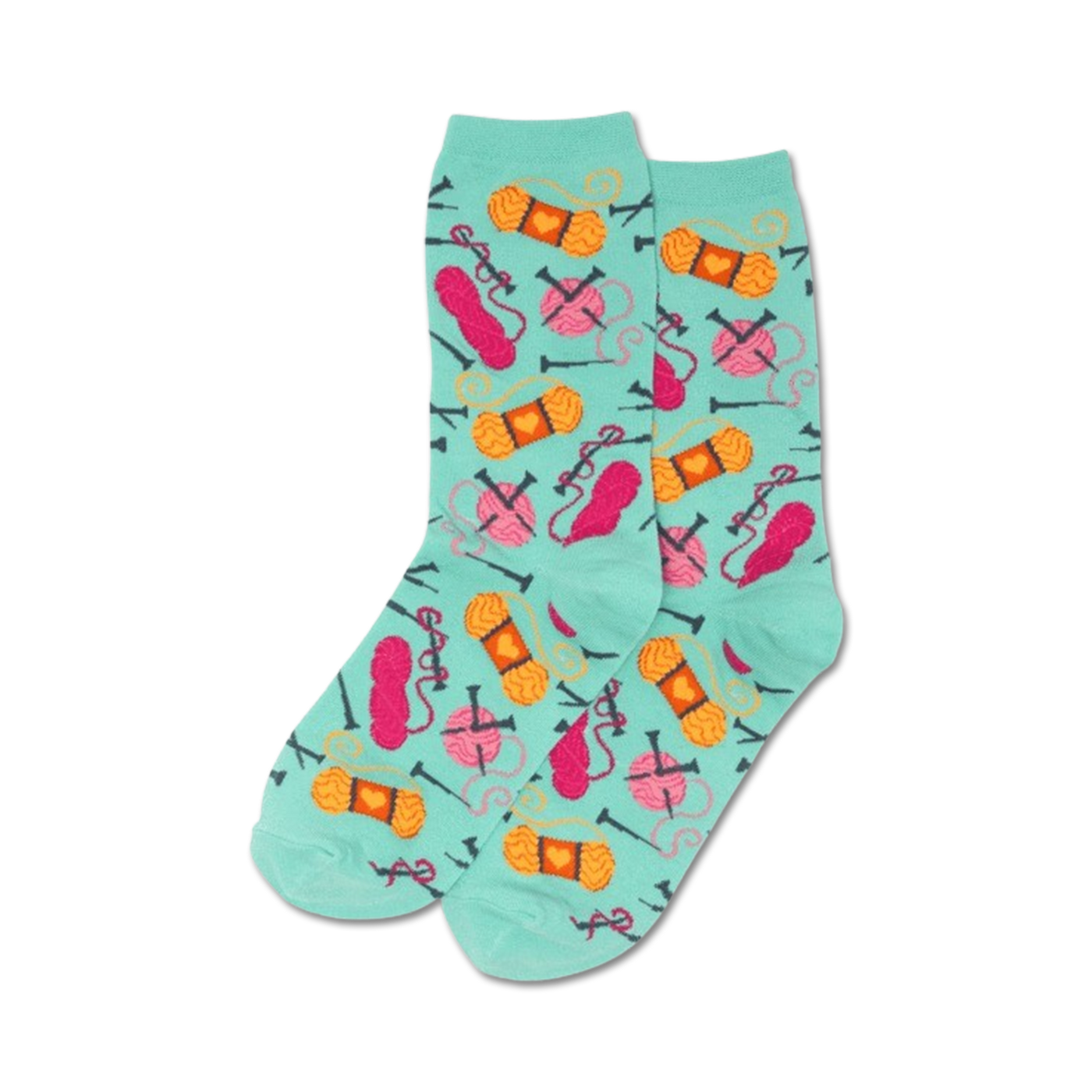 Pair of mint green crew socks featuring a repeating pattern of pink and orange yarn balls and knitting needles.
