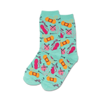 Pair of mint green crew socks featuring a repeating pattern of pink and orange yarn balls and knitting needles.
