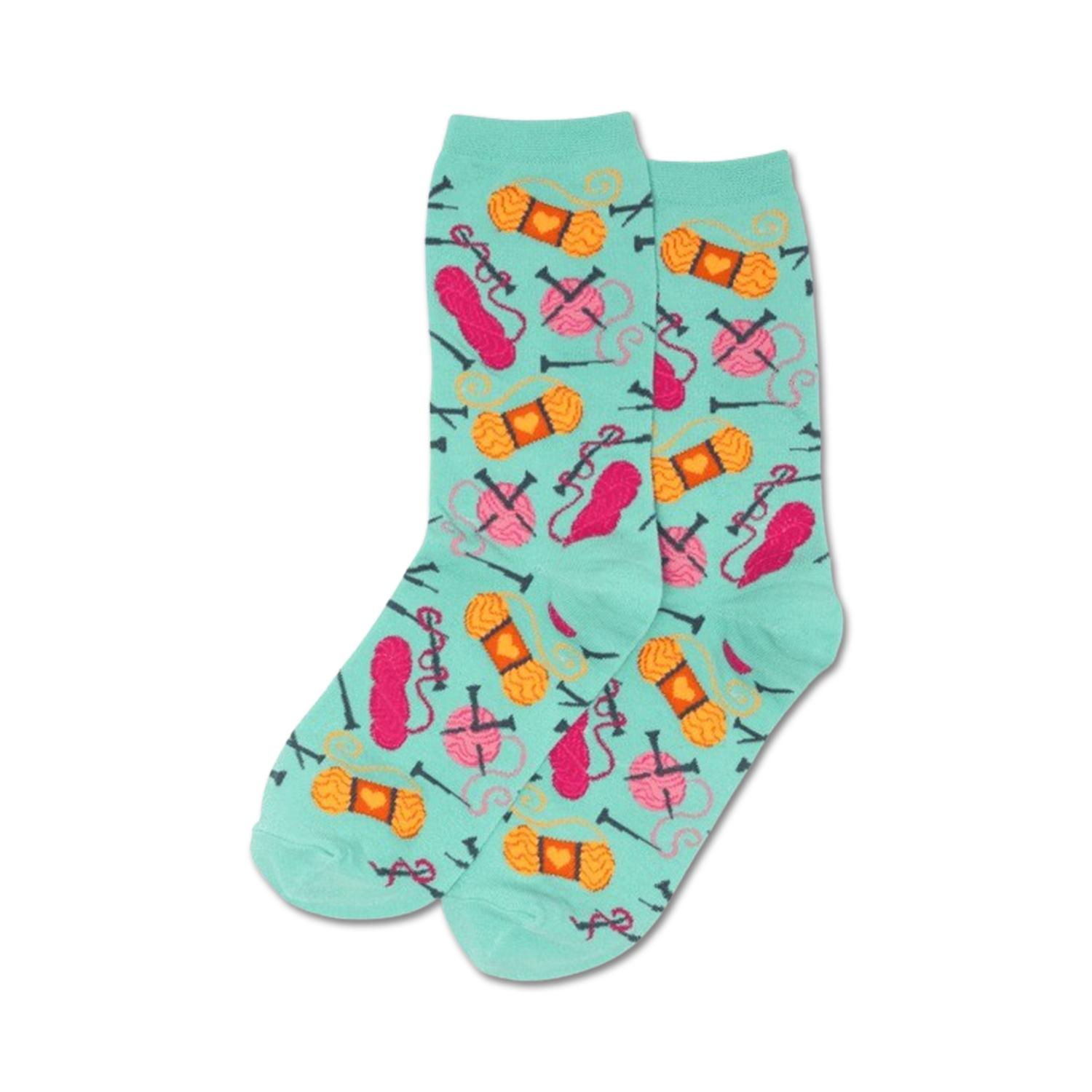 Pair of mint green crew socks featuring a repeating pattern of pink and orange yarn balls and knitting needles.