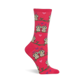 Pink crew sock with a pattern of cartoon owls, some in pairs, sitting on green branches. Small pink and purple hearts are scattered.