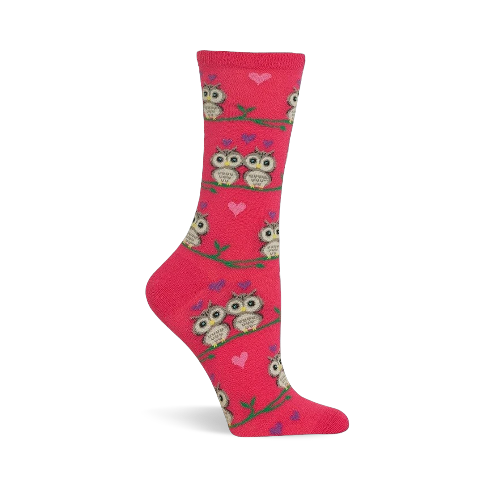 Pink crew sock with a pattern of cartoon owls, some in pairs, sitting on green branches. Small pink and purple hearts are scattered.