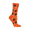 A side view of an orange crew sock.  The sock has a pattern of black spiders and white spiderwebs on an orange background.