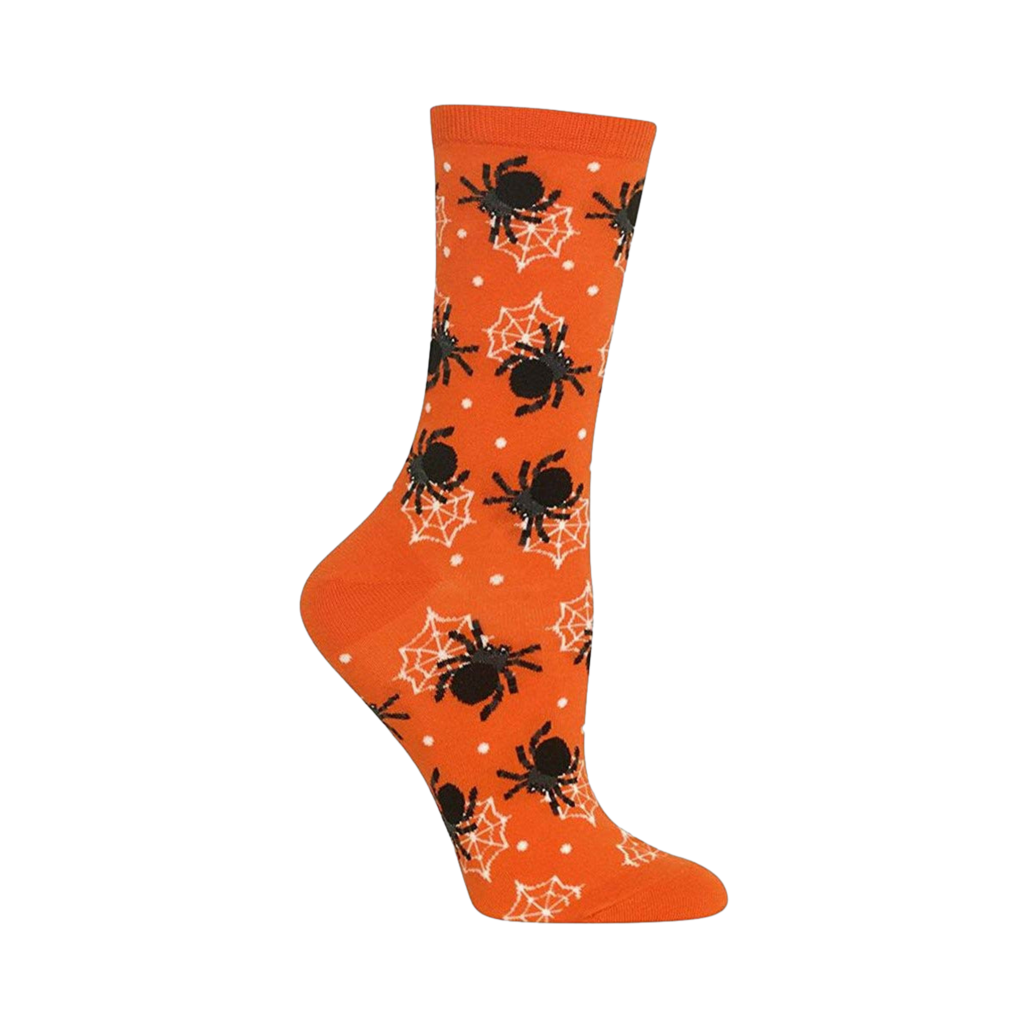 A side view of an orange crew sock.  The sock has a pattern of black spiders and white spiderwebs on an orange background.