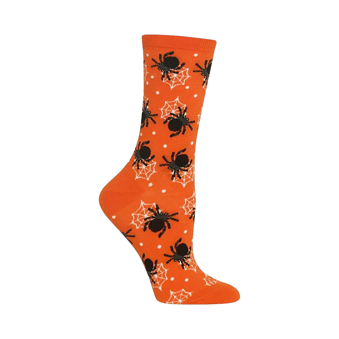 A side view of an orange crew sock.  The sock has a pattern of black spiders and white spiderwebs on an orange background. }}