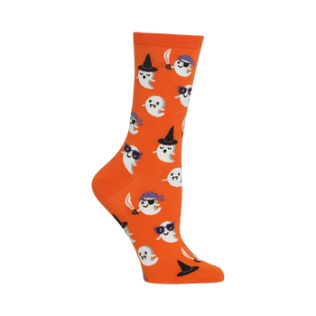Orange crew socks with a pattern of cute ghosts wearing witch hats, pirate eye patches, and sunglasses.
