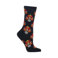 Crew socks, dark-colored, with a pattern of basset hounds dressed as turkeys.  The turkeys are orange, red and yellow.