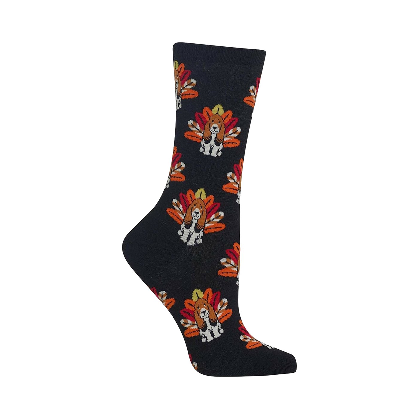 Crew socks, dark-colored, with a pattern of basset hounds dressed as turkeys.  The turkeys are orange, red and yellow.