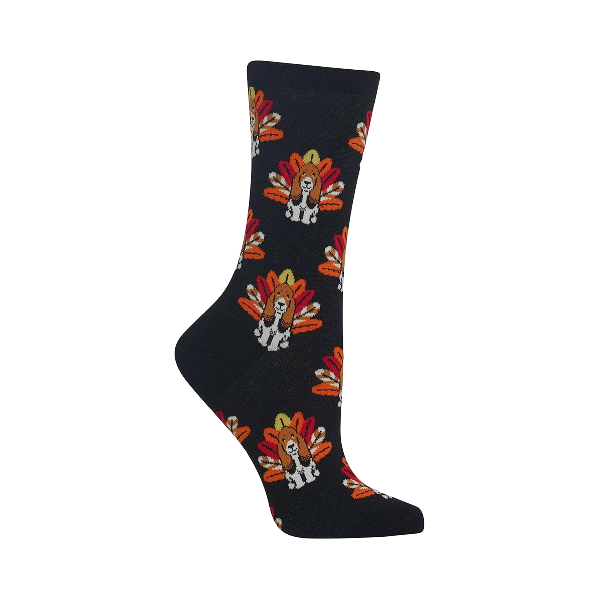 Crew socks, dark-colored, with a pattern of basset hounds dressed as turkeys.  The turkeys are orange, red and yellow.