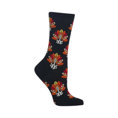 Crew socks, dark-colored, with a pattern of basset hounds dressed as turkeys.  The turkeys are orange, red and yellow.