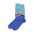 Pair of blue crew socks showcasing Washington, DC landmarks: the Capitol building, Washington Monument, and cherry blossoms.