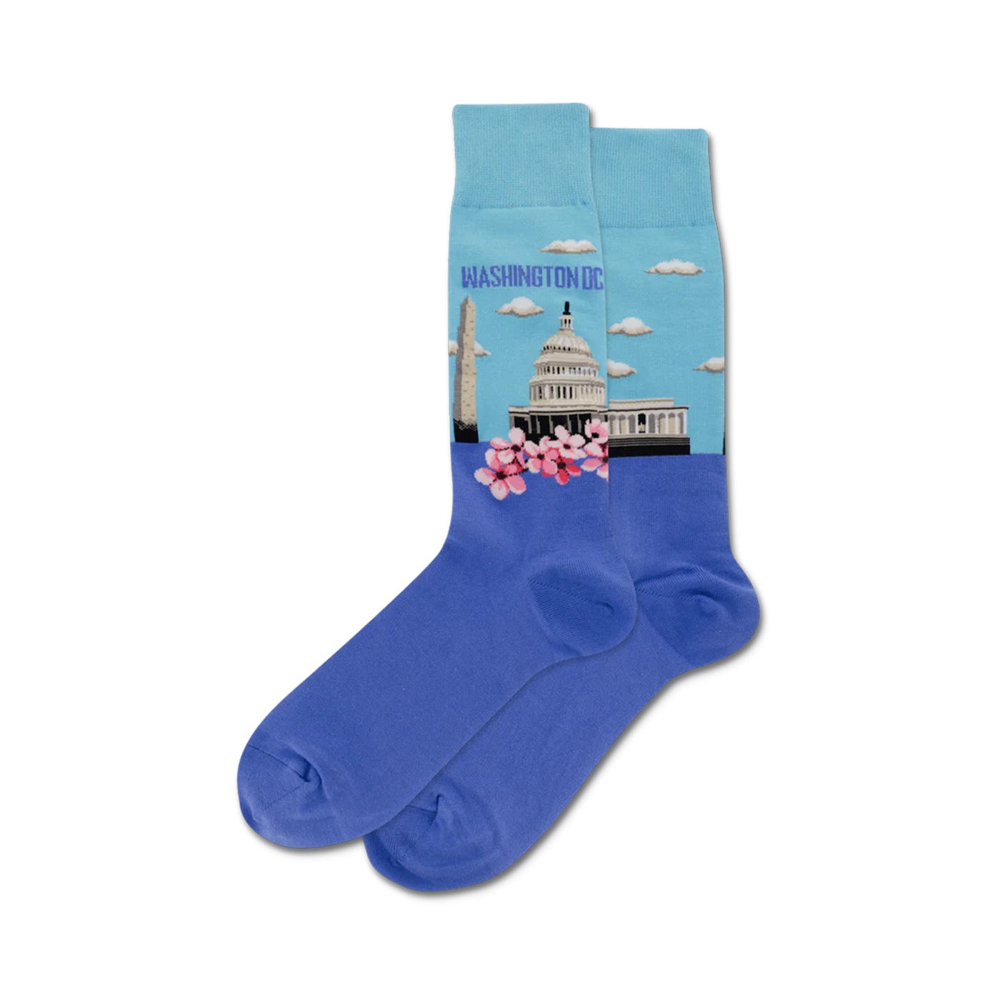 Pair of blue crew socks showcasing Washington, DC landmarks: the Capitol building, Washington Monument, and cherry blossoms.