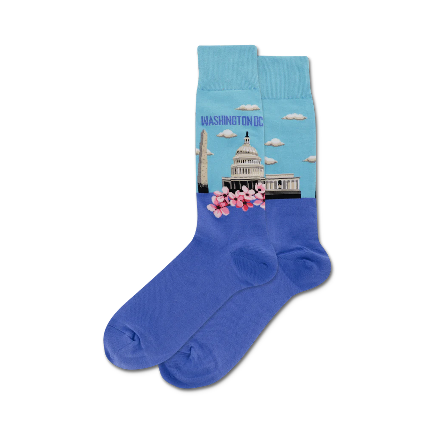 Pair of blue crew socks showcasing Washington, DC landmarks: the Capitol building, Washington Monument, and cherry blossoms.