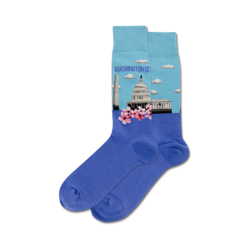 men's crew socks with washington monument and cherry blossom pattern.  