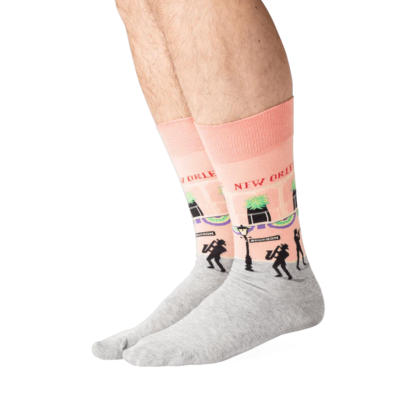 Lifestyle shot of a person wearing the New Orleans socks, showcasing how they look when worn.