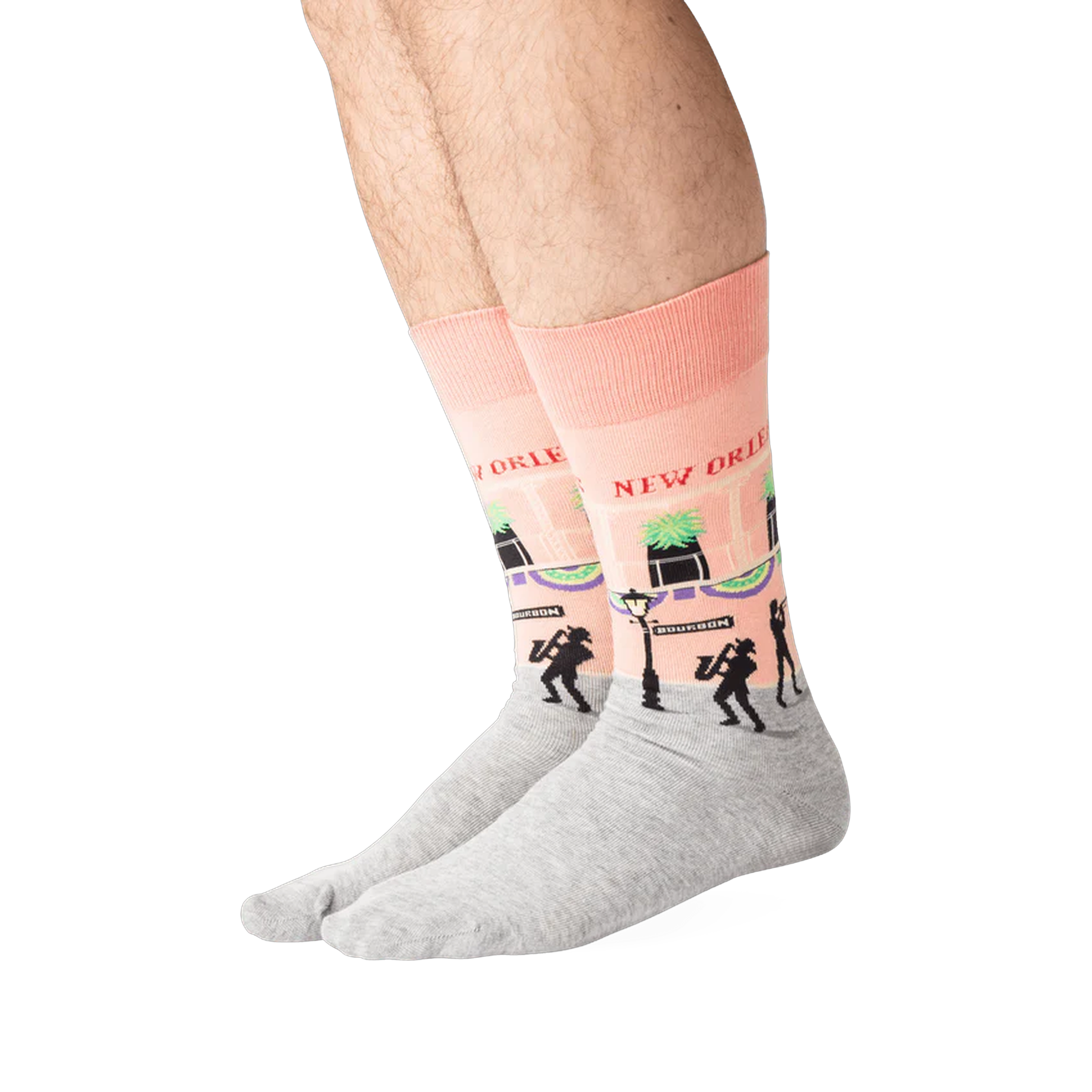 Lifestyle shot of a person wearing the New Orleans socks, showcasing how they look when worn.