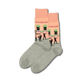 men's new orleans crew socks. pink, gray. pattern: bourbon street with musicians, lamp, building. music theme.  