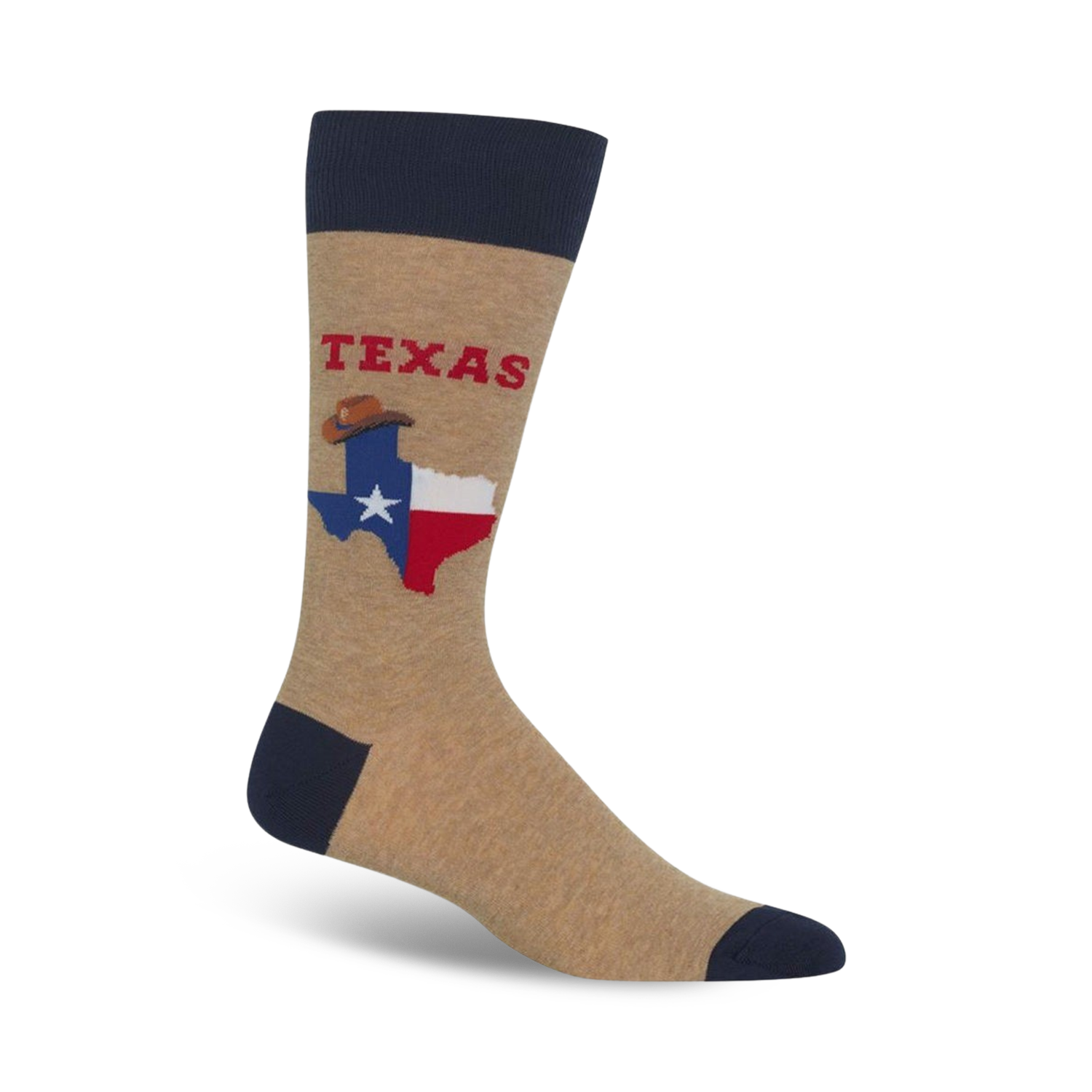 Tan crew socks with navy blue cuffs, featuring a graphic of the Texas flag with a cowboy hat and the word 'TEXAS'.