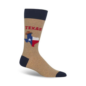 brown crew socks with blue cuff and toe, featuring image of texas including cowboy hat, star, word 