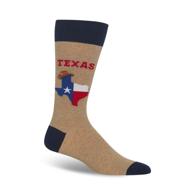 brown crew socks with blue cuff and toe, featuring image of texas including cowboy hat, star, word "texas"   