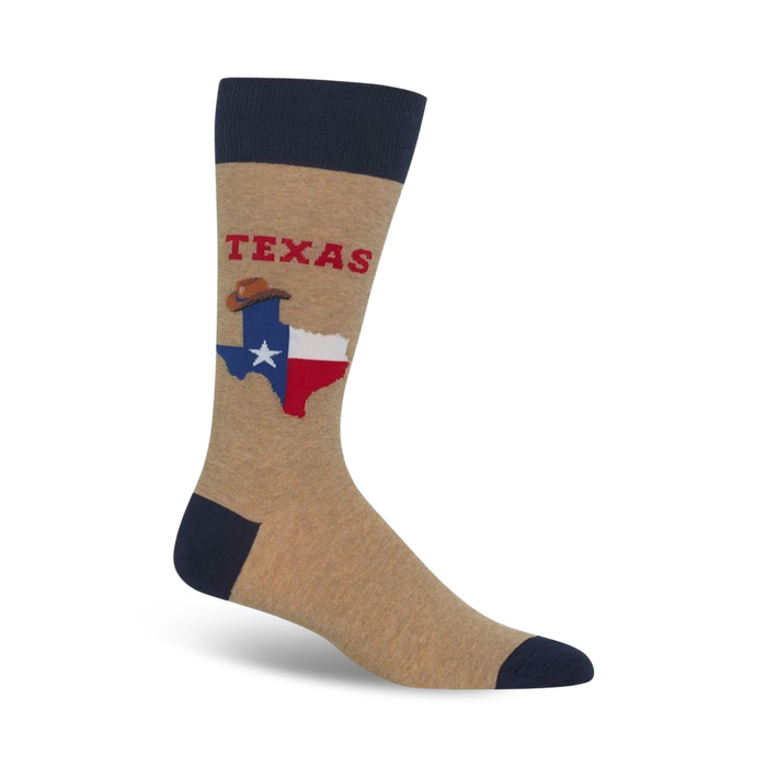 brown crew socks with blue cuff and toe, featuring image of texas including cowboy hat, star, word 