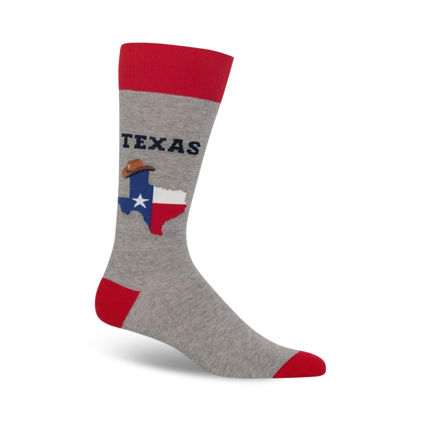 Grey crew socks with red cuffs, featuring the Texas flag, cowboy hat, and 'TEXAS' lettering.